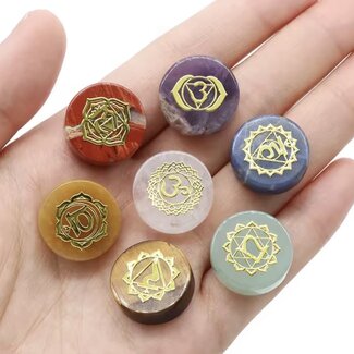 7 (Seven) Crystal Stones Chakra Mini Set - Flat Round with Engraved Symbols - 16-18mm