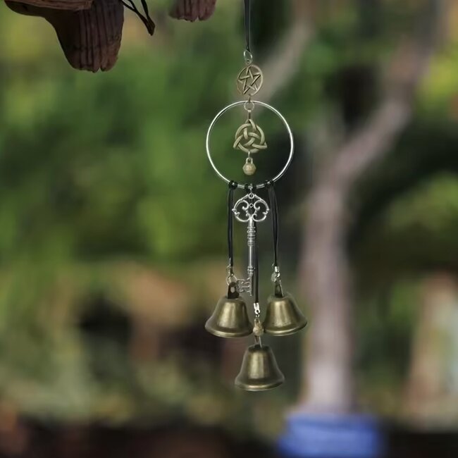 Witch Wicca Bells - Long Simple Door Handle - 3 Bells Key Chime Celtic Trinity Knot Protection Handmade