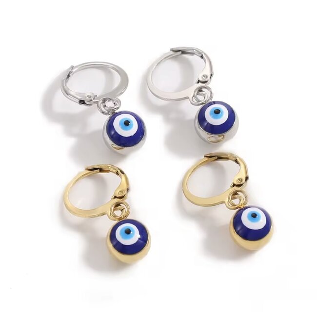 Blue Evil Eye Earrings - Dangle Round Clasp Silver Plated