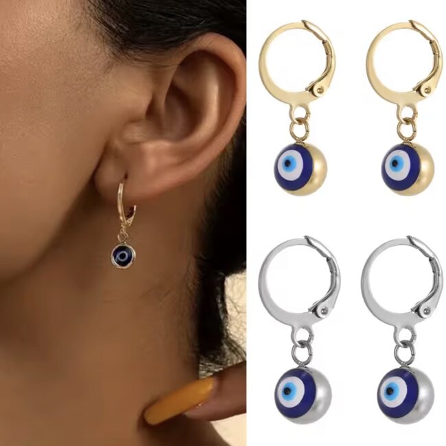 Blue Evil Eye Earrings - Dangle Round Clasp Silver Plated