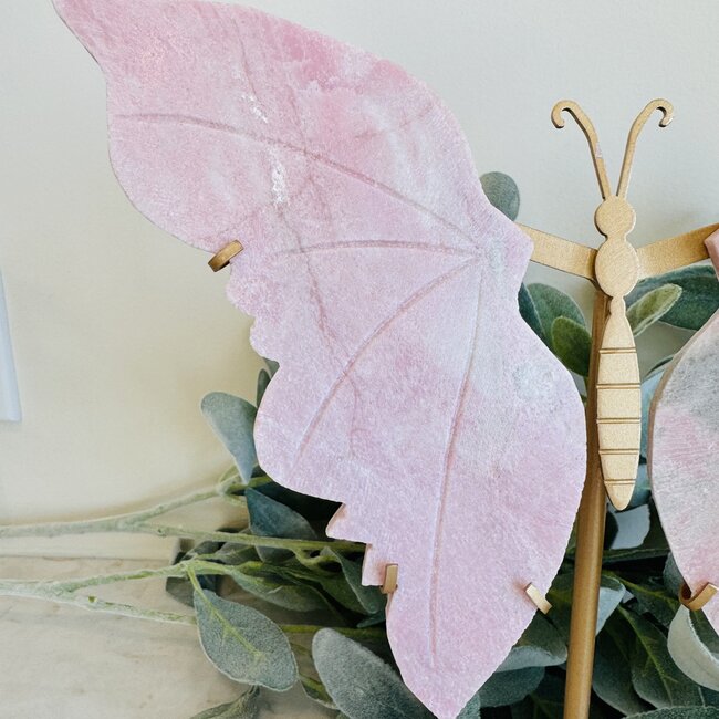 Pink Opal Butterfly Angel Wings on Gold Pin Stand - 12"x11" Large Specimen