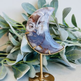 Blue Flower (Cherry Blossom) Agate Crescent Moon on Gold Stand Pin - 6.5" Specimen