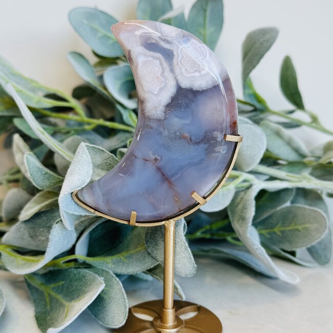 Blue Flower (Cherry Blossom) Agate Crescent Moon on Gold Stand Pin - 6.5" Specimen