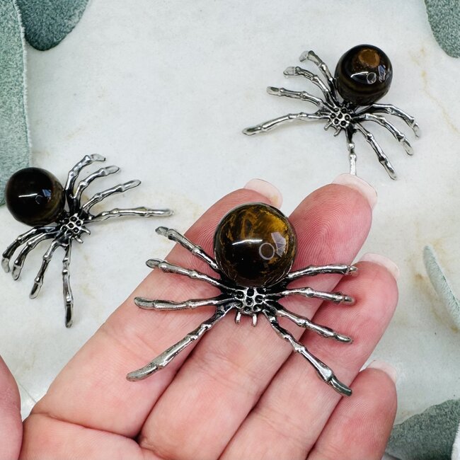 Yellow Tigers Eye Spiders - 2" Mini Spheres Orbs Globes Figurine Tiger's
