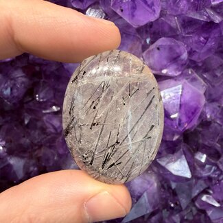 Black Tourmaline in Clear Quartz (Tourmalated Tourmalinated Rutilated Quartz) (AAA Grade) Palm Pillow Pocket Stones