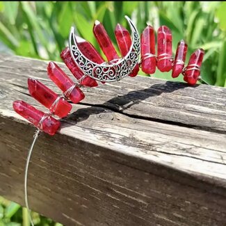 Red Aura Quartz Tiara Crown - Rough, Crescent Moon, (Silver Plated), Crystal Headband, Hair Accessories