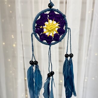 Dreamcatcher Dream Catcher Blue with Purple & Yellow Crochet Center & Blue Feathers