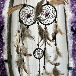 Dream Catcher (Dreamcatcher) Owl Eyes Triple Gray Cord with Brown Tan Gray Feathers - 18"