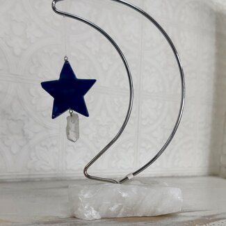 Moon Desk Chime on Clear Quartz - Blue Agate (Dyed) Star & Clear Quartz Point - 8"