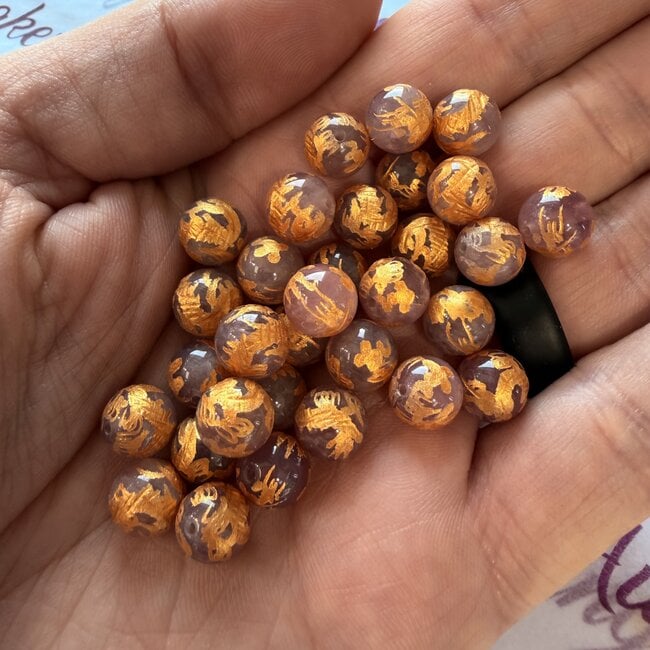 Muave Rose Quartz (AAA Grade) Hand Carved Gold Dragon Bead- 8mm