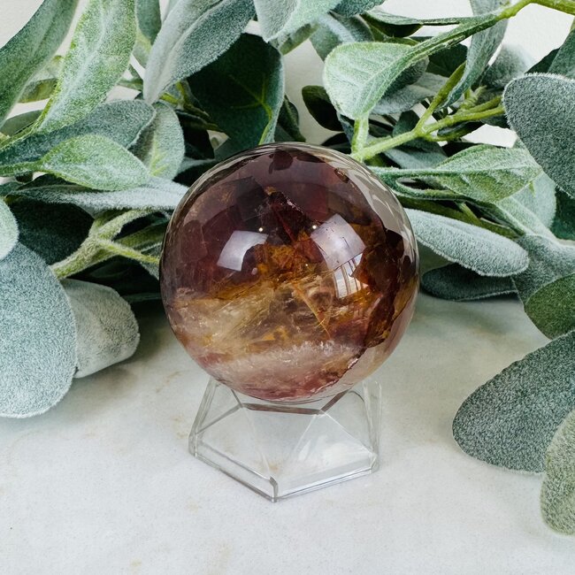 Fire Quartz (Ferruginous)  & Golden Healer Quartz (Red & Yellow Hematoid) Sphere Orb Globe - 60-65mm (AA Grade)