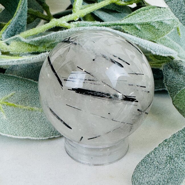 Black Tourmaline in Clear Quartz (Tourmalated Tourmalinated Rutilated Quartz) Sphere Orb Globe - 50-55mm