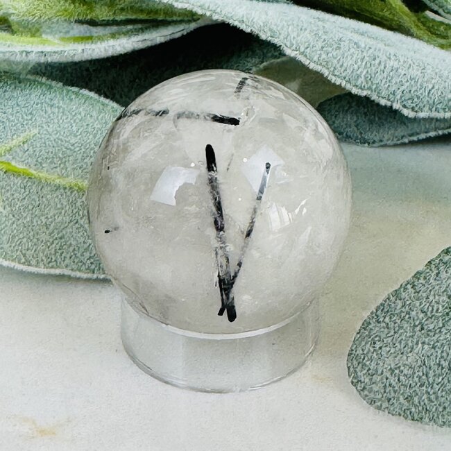 Black Tourmaline in Clear Quartz (Tourmalated Tourmalinated Rutilated Quartz) Sphere Orb Globe - 40-45mm