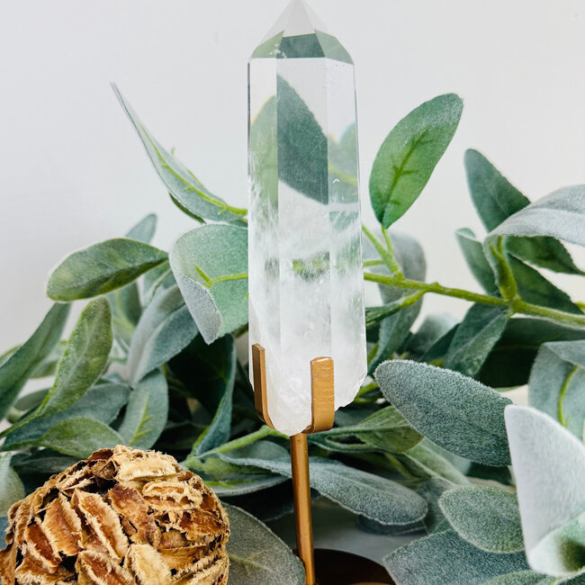 Clear (Crystal) Quartz Faceted Natural Point on Gold Stand Pin - Large 7-8" Rough Raw