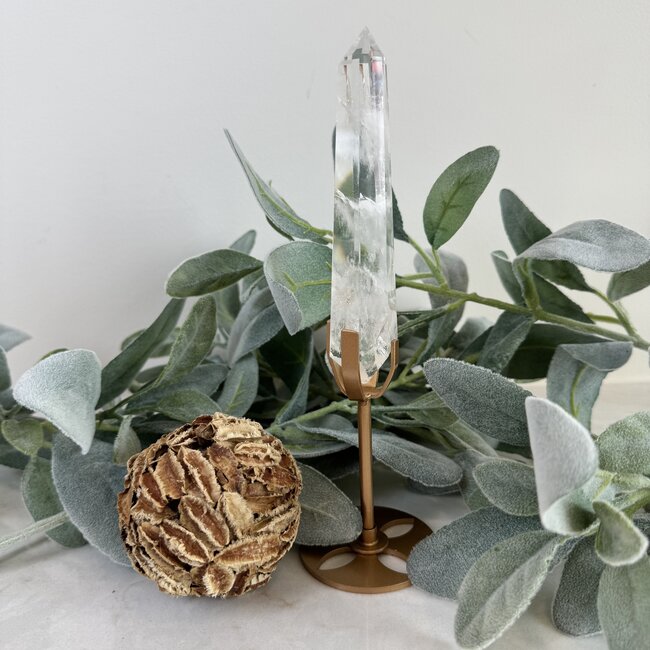Clear (Crystal) Quartz Faceted Natural Point Wand on Gold Stand Pin - Medium 6-7" Rough Raw