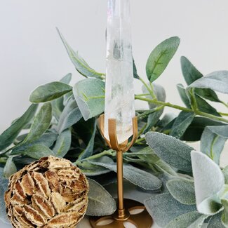 Clear (Crystal) Quartz Faceted Natural Point Wand on Gold Stand Pin - Medium 6-7" Rough Raw