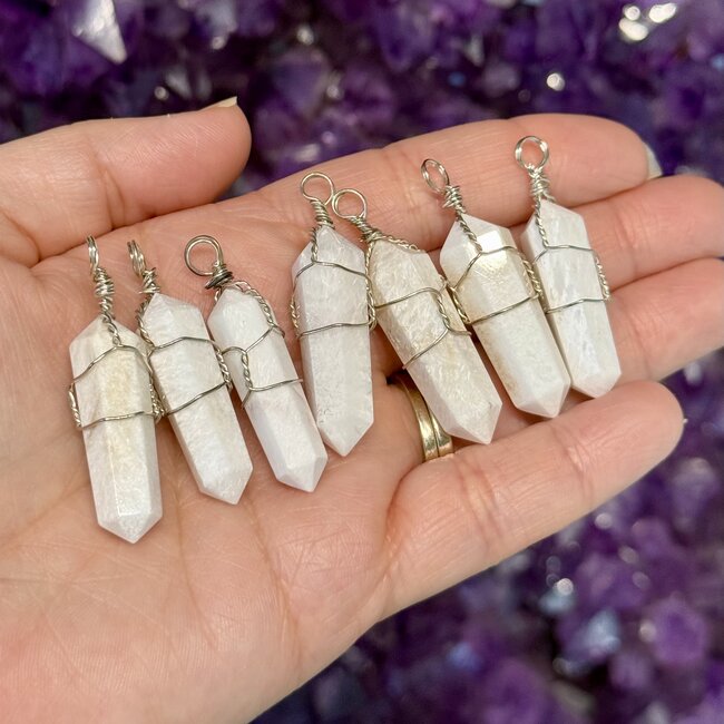 Scolecite Pendants - Wire Wrapped Faceted Points - Silver Plated