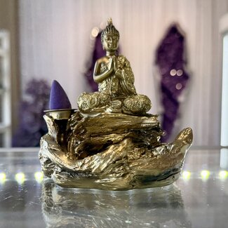 Backflow Incense Cone Burner - Praying Buddha Sitting - Gold (Plated) 4.75"