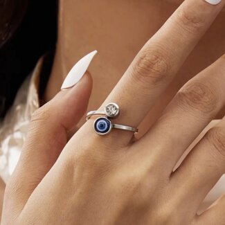 Blue Evil Eye Stacked Rings with Rhinestone - Adjustable Silver Plated Band