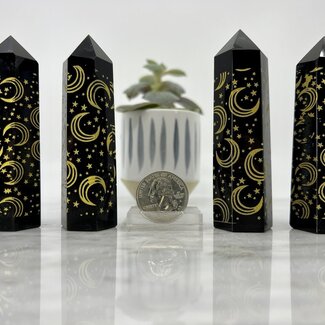 Black Obsidian (Etched Gold Stars & Moons) Tower Point Generator - Medium (3-4")