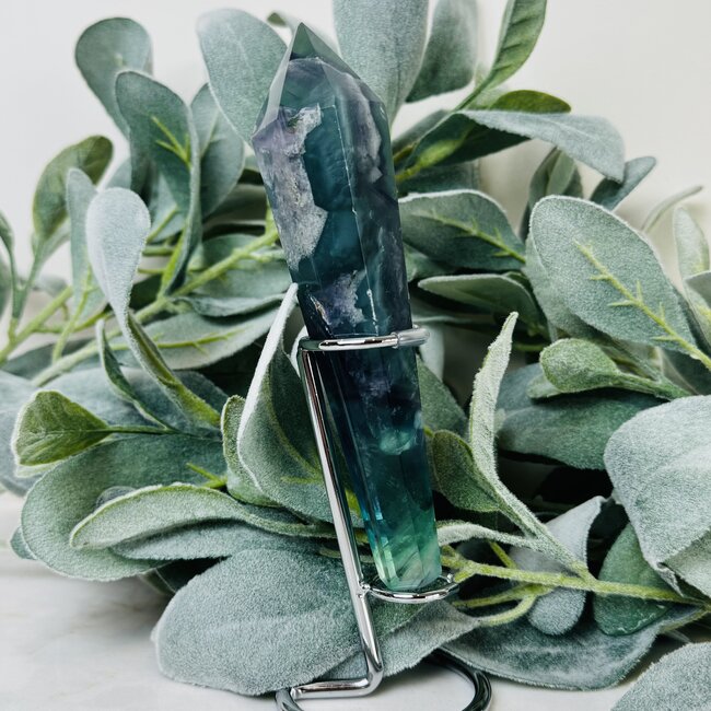 Rainbow Fluorite Septer Scepter Wand on Silver Stand Pin - Medium