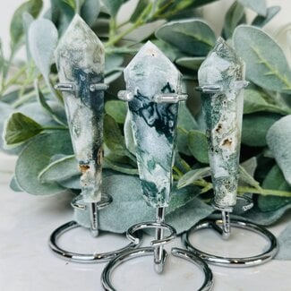 Moss Agate Faceted Wand on Silver Pin Stand - Small