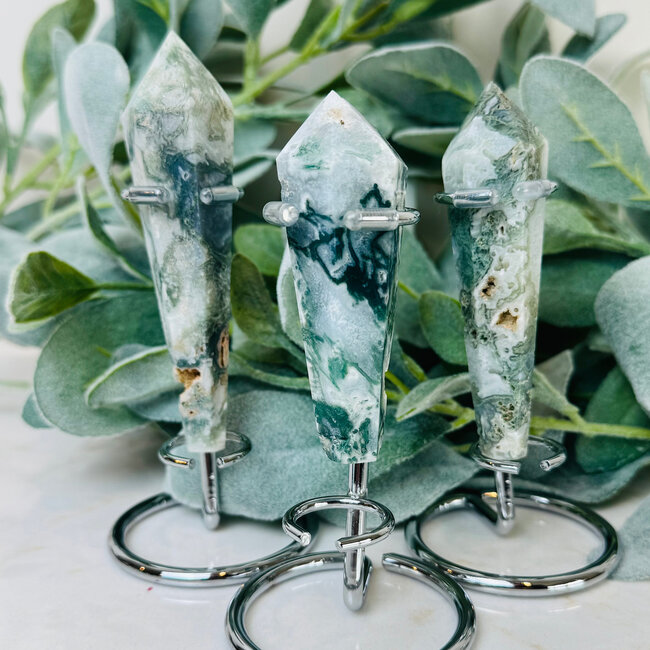 Moss Agate Faceted Wand on Silver Pin Stand - Small