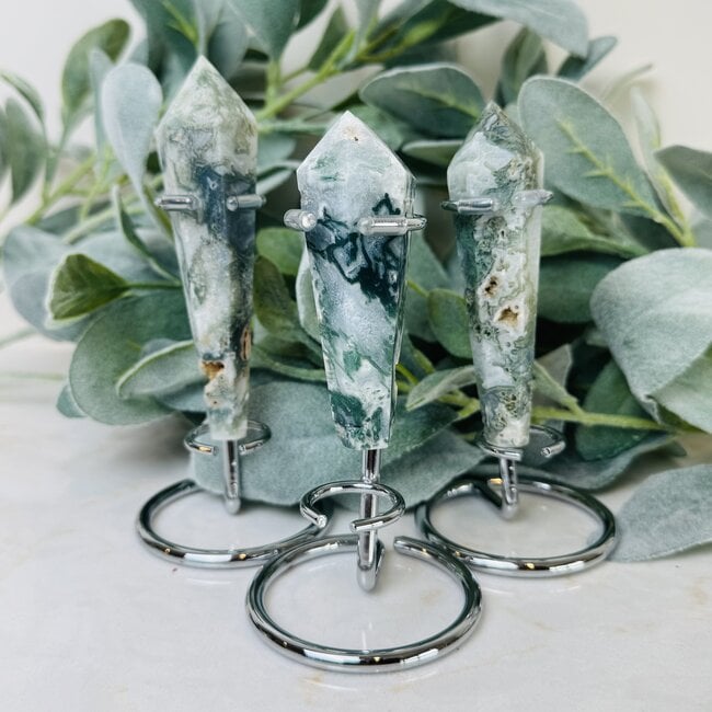 Moss Agate Faceted Wand on Silver Pin Stand - Small