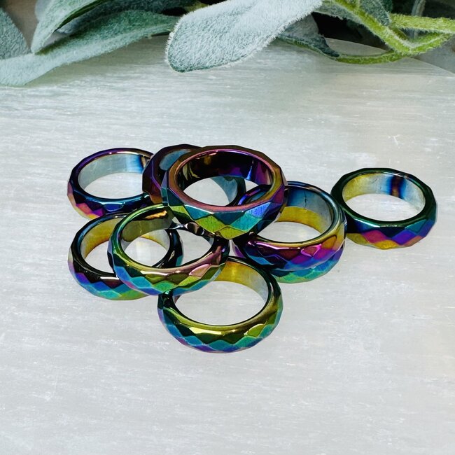 Rainbow Hematite Faceted Rings - Size 9