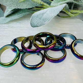 Rainbow Hematite Round Rings - Size 7