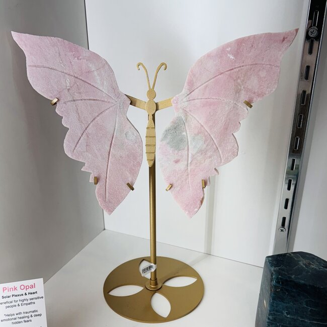 Pink Opal Butterfly Angel Wings on Gold Pin Stand - 12"x11" Large Specimen