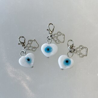 Pet Pendant Charm Heart - White Evil Eye with Paw Charm - Dog Cat Animal Collar