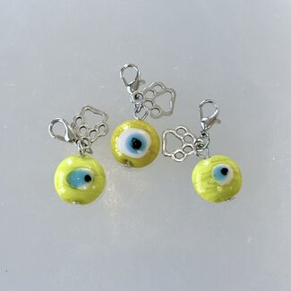 Pet Pendant Charm Round - Yellow Evil Eye with Paw Charm - Dog Cat Animal Collar