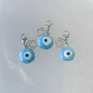 Pet Pendant Charm Round - Light Blue Evil Eye with Paw Charm - Dog Cat Animal Collar