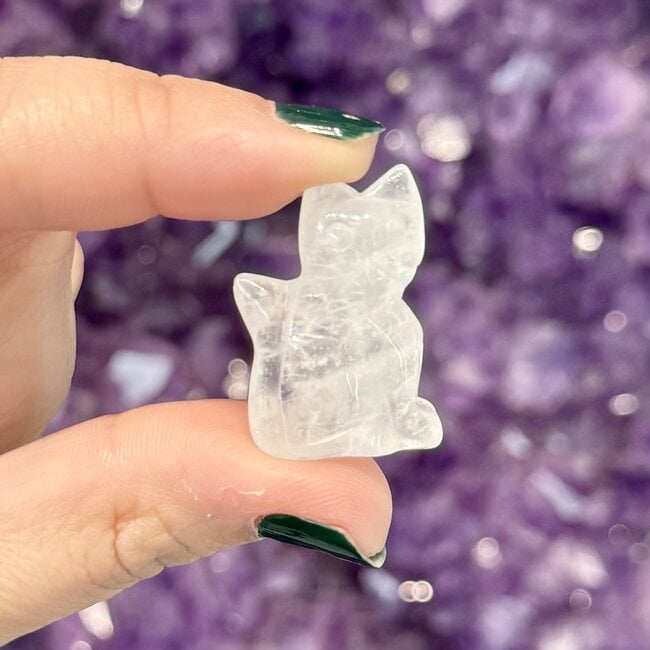 Clear Quartz Cats Sitting - 1" Small Animal Figurine Carving Statue Kitten Kitty