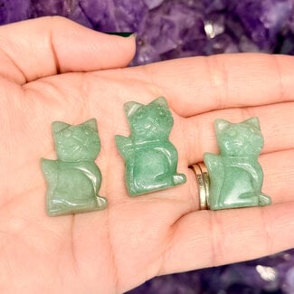 Green Aventurine Cats Sitting - 1" Small Figurine Animal Carving Statue Kitten Kitty
