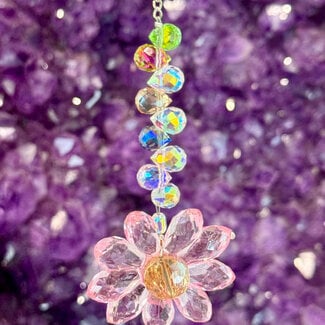 Daisy Flower (Pink) Crystal Prism Suncatcher Sun Catcher-Faceted Rainbow Small Prisms Mirror Window Prism