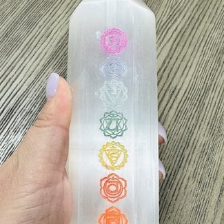 Selenite (Satin Spar Gypsum) Tower Point Generator - 6" Chakra Engraved Symbols Large