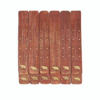 Incense Stick Burner Wood Canoe Sled Ash Catcher Holder - Elephant & Stars