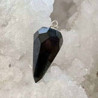 Shungite Pendulum - Dowsing Faceted Teardrop Divination - Silver Chain - Crystal Gemstone