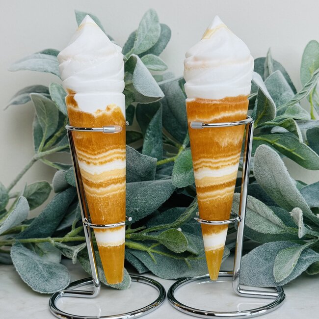 Orange & White Calcite Ice Cream Cones on Silver Pin Stand - Large 8-9"