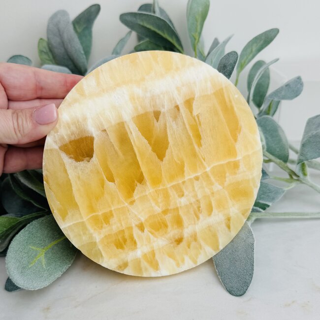 Honey Comb Honeycomb Yellow Calcite Round Plate - Large 6" Slab Flat