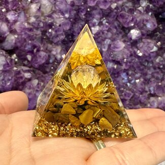 Gold Tigers Eye Orgonite Orgone Pyramid Medium (2") - Clear Sphere inside Gold (Plated) Lotus Flower  EMF Blocker Sacred Geometry