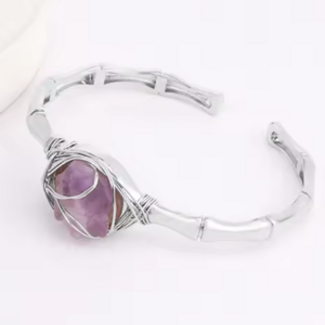 Amethyst Cuff Bracelets - Silver Plated Spiral Wire Wrapped - Rough Raw Natural