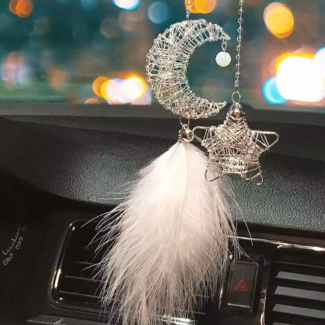 Dream Catcher (Dreamcatcher) Dual Mini Metal Wire Wrapped Moon & Star on Beaded Chain & Dual White Feathers - Handcraft, Wall Hanging, Car