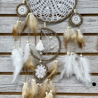 Dreamcatcher Dream Catcher Brown (Tan) and White 3 Tier with a Crescent Moon and Star Pom - Brown and White Feathers & Beads Handwoven - 23.5"