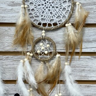 Dreamcatcher Dream Catcher Brown (Tan) and White 2 Tier with  Brown and White  Feathers & Tan Beads - 18"