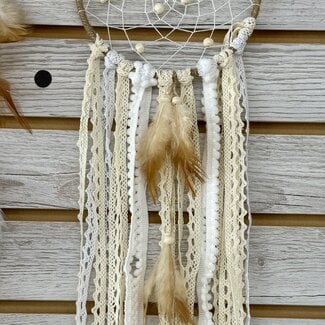 Dreamcatcher Dream Catcher Tan, Cream and White with Tan Feathers, White and Cream Lace Ribbon & Beads - 20"