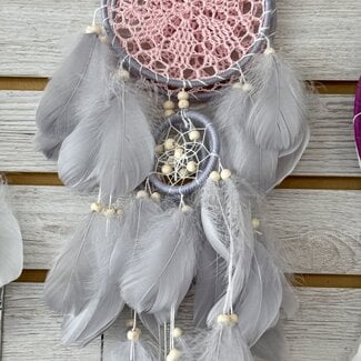 Dreamcatcher Dream Catcher Gray (Grey) and Pink 2 Tier with Gray (Grey)  Feathers & Beads - 19"