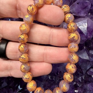 Muave Rose Quartz (AAA Grade) Hand Carved Gold Dragon Bracelets - 8mm